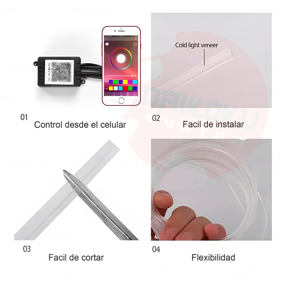 Hilo Led FIbra Optica Tablero + App Rgb Caja 6mt