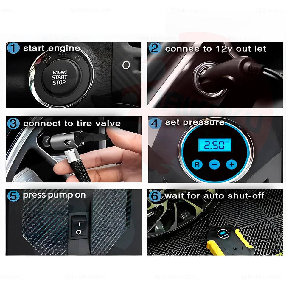 Compresor Inflador Neumaticos Aire Portatil 12v Negro Completo