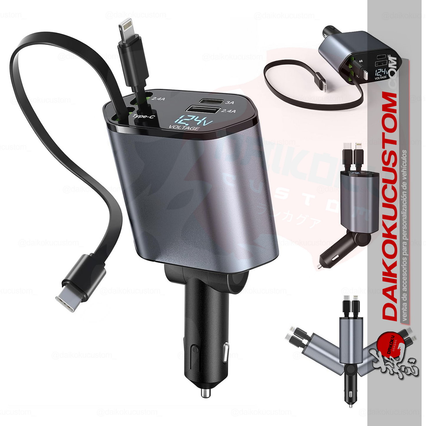 Cargador Celular 120w Cable Retractil Usb Lighting Tipo-C + Voltimetro 4in1 13247