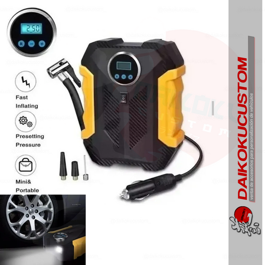 Compresor Inflador Neumaticos Aire Portatil 12v Amarillo Con Negro