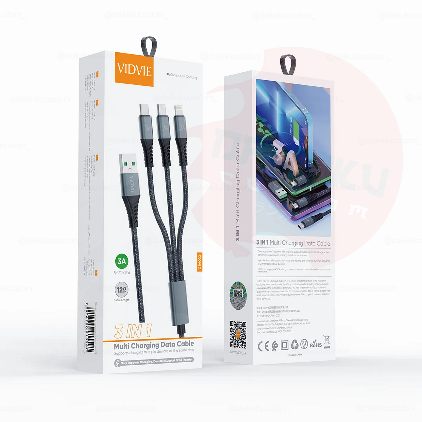 Cable Usb Triple 3 En 1 Tipo-C Lightning Micro-usb Vidvie CB4022