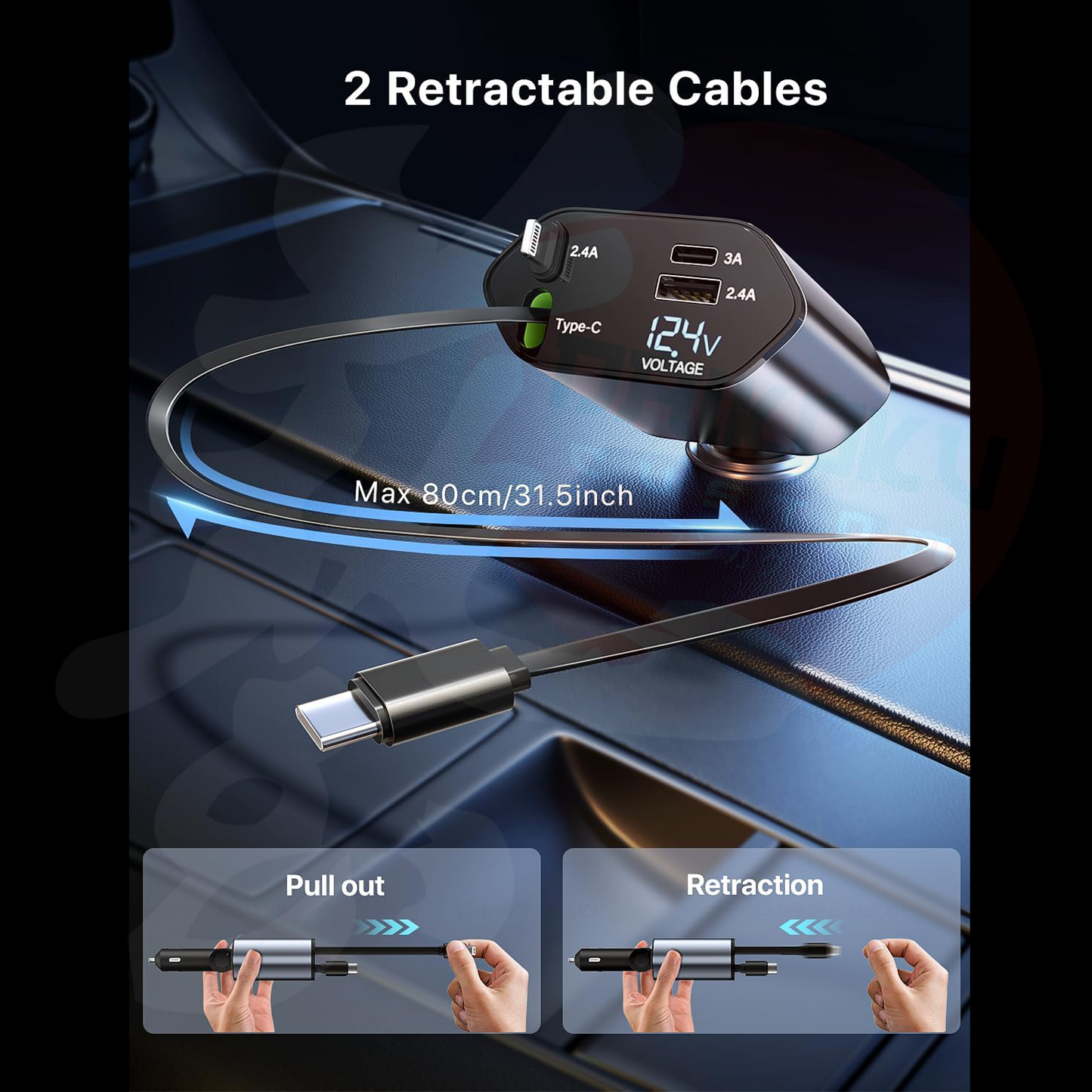 Cargador Celular 120w Cable Retractil Usb Lighting Tipo-C + Voltimetro 4in1 13247