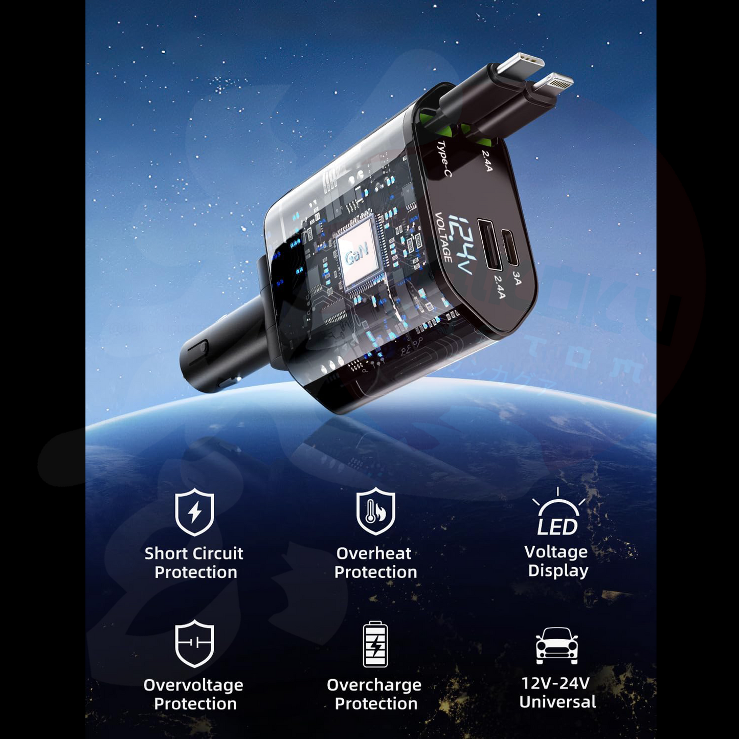 Cargador Celular 120w Cable Retractil Usb Lighting Tipo-C + Voltimetro 4in1 13247