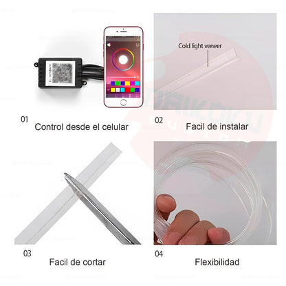 Hilo Led FIbra Optica Tablero + App Rgb Caja 6mt