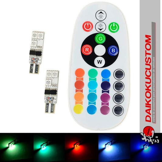 Kit Ampolletas (2) Led T10 RGB (Caja Azul) + Control (zona remate)