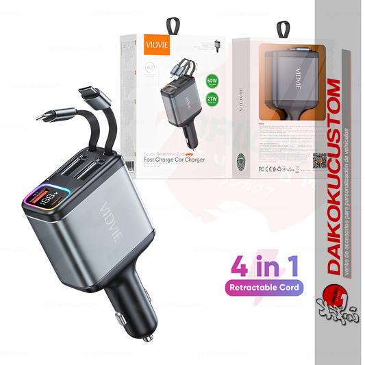 Cargador Celular 60w Cable Retractil Usb Lighting Tipo-C + Voltimetro Vidvie Cc539 51136