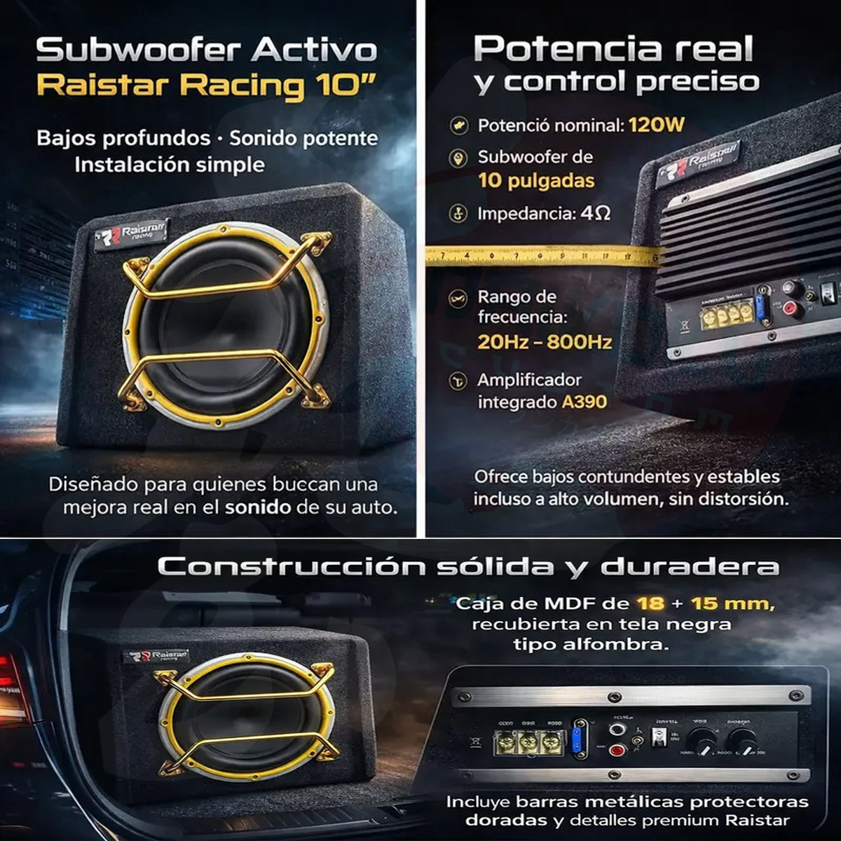 Subwoofer Amplificado 10" 1500w Borde Dorado H-10 + Kit Cables