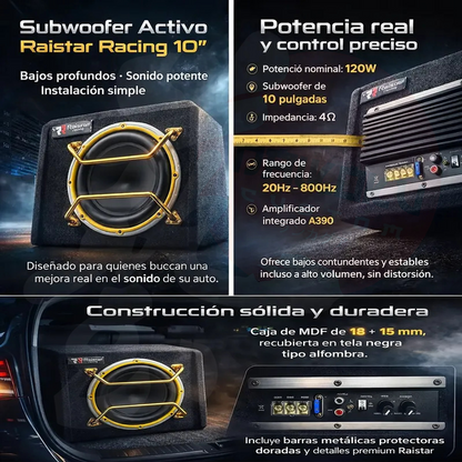 Subwoofer Amplificado 10" 1500w Borde Dorado H-10 + Kit Cables