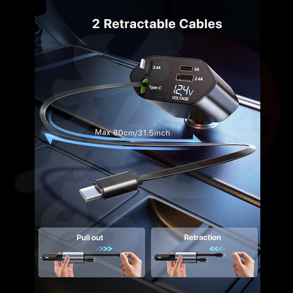 Cargador Celular 120w Cable Retractil Usb Lighting Tipo-C + Voltimetro 4in1 13247