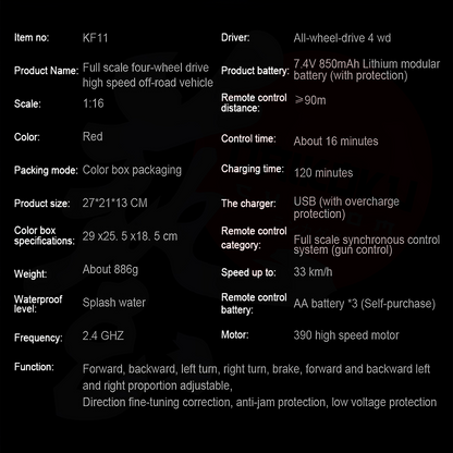 Auto Escala 1:16 Rc 4x4 KF11 Eco Protegido Todo Terreno Rojo